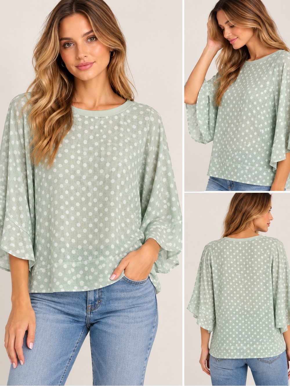 Zara Mint Green Polka Dot Flutter Sleeve Tunic